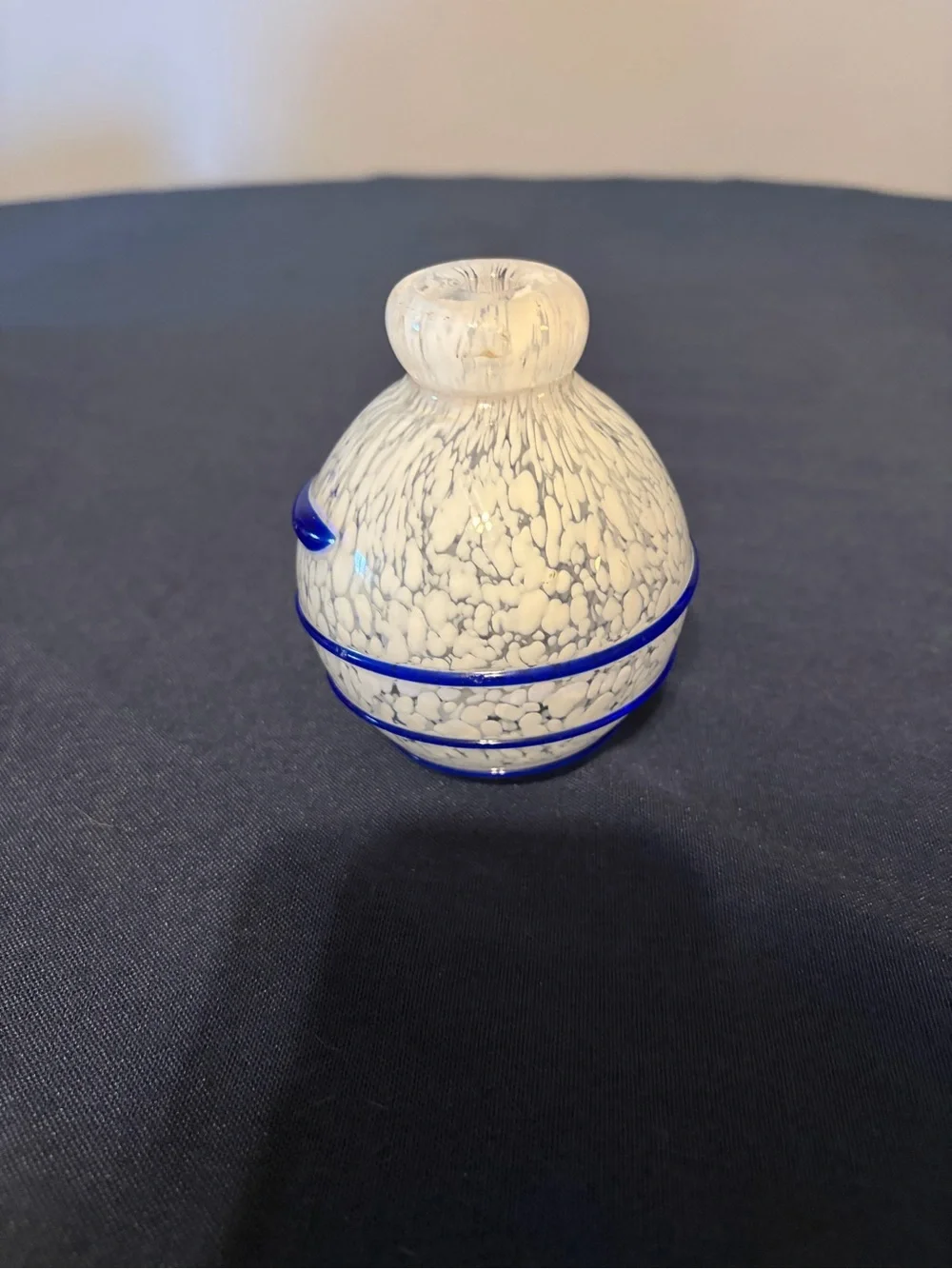 Rare Cobalt Blue Swirls Bud Vase With White Crackled Glass 3 “ Tall.
